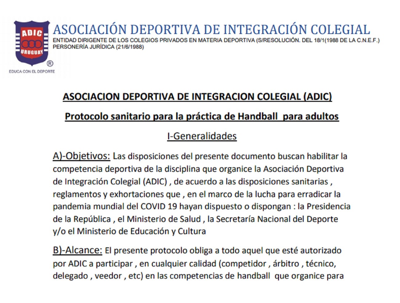 Protocolo de ADIC para los deportes de padres en gimnasio: handball, básquetbol y vóleibol Protocolo de ADIC para los deportes de padres en gimnasio: handball, básquetbol y vóleibol